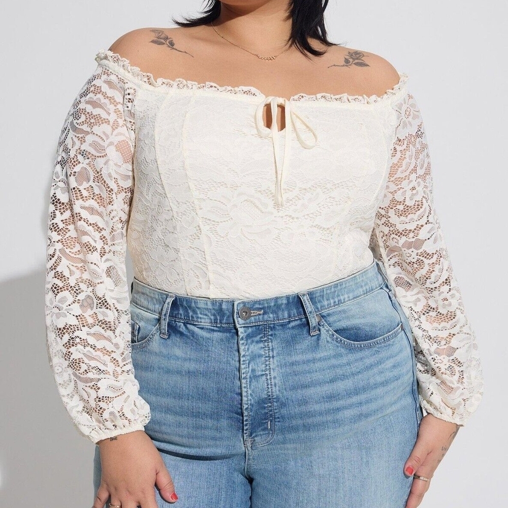 torrid Cream Lace Off-Shoulder Tie Front Blouse